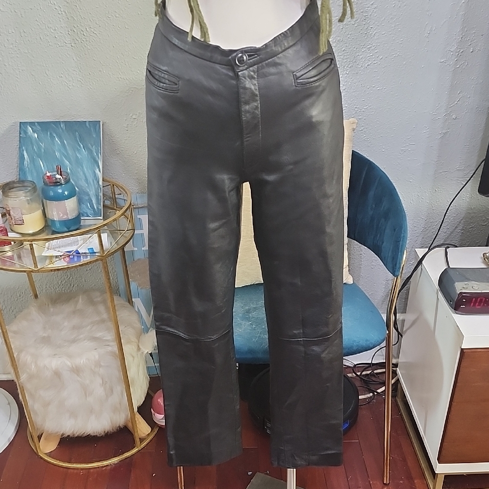 Cache Black Lamb Leather Pants Ankle Straight Leg Sz.0 Waist 25" Inseam 27" VTG.